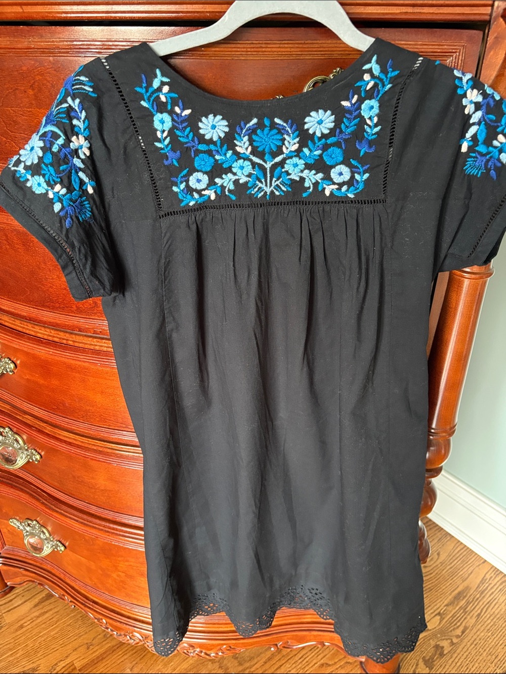 Rebecca Taylor Black Embroidered Floral Short Sleeve Dress